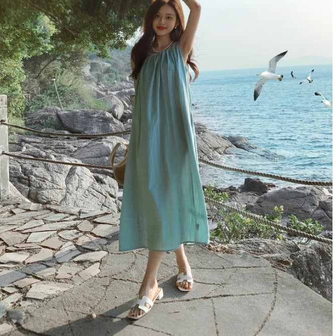 2025 summer Sanya travel wear holiday dress seaside beach skirt women's summer sleeveless neck suspender skirt