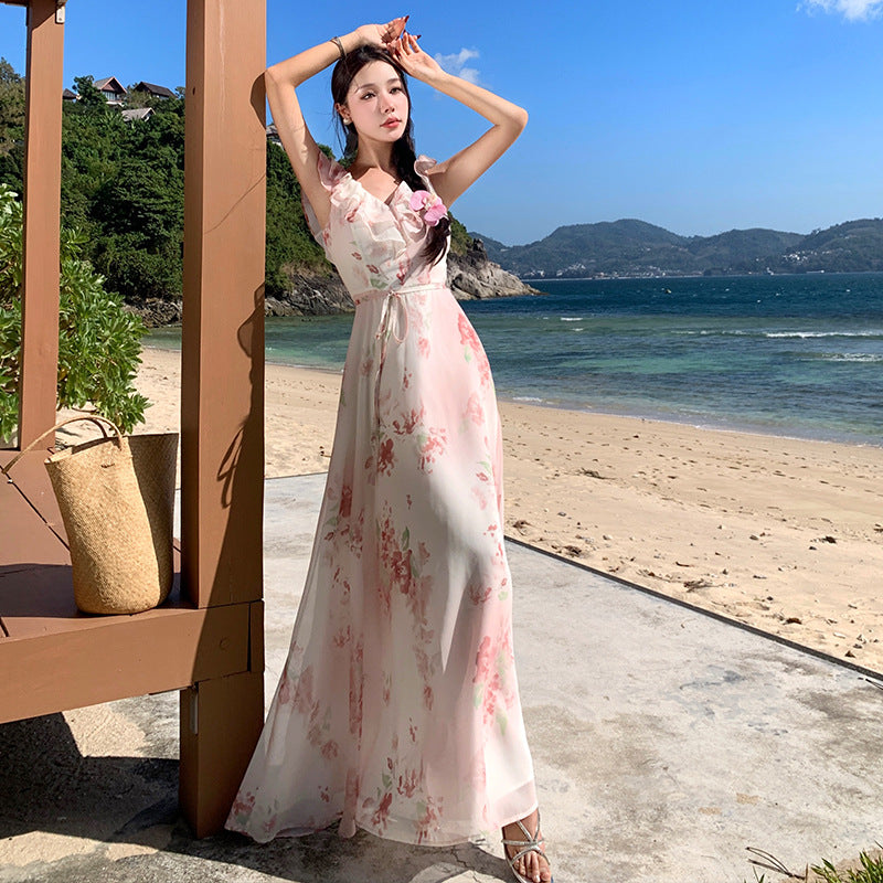 2025 holiday style floral small flying sleeve dress women's summer chic beautiful beach dress waist thin long skirt