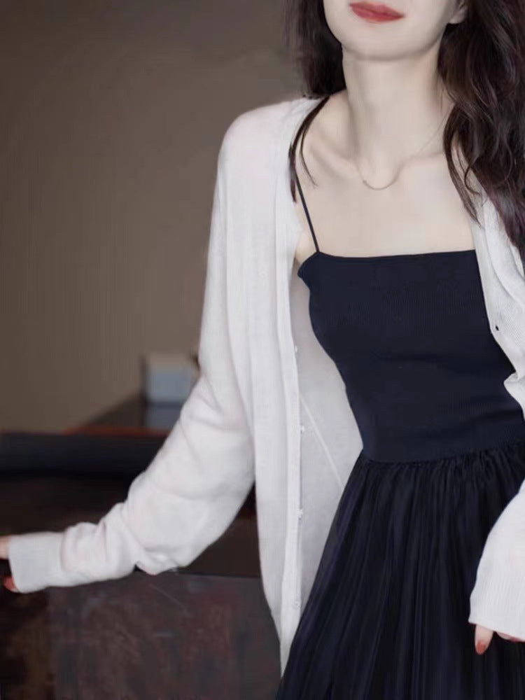 Ice silk knitted cardigan women's 2025 summer with suspender skirt shirt long-sleeved thin shawl air-conditioned shirt jacket