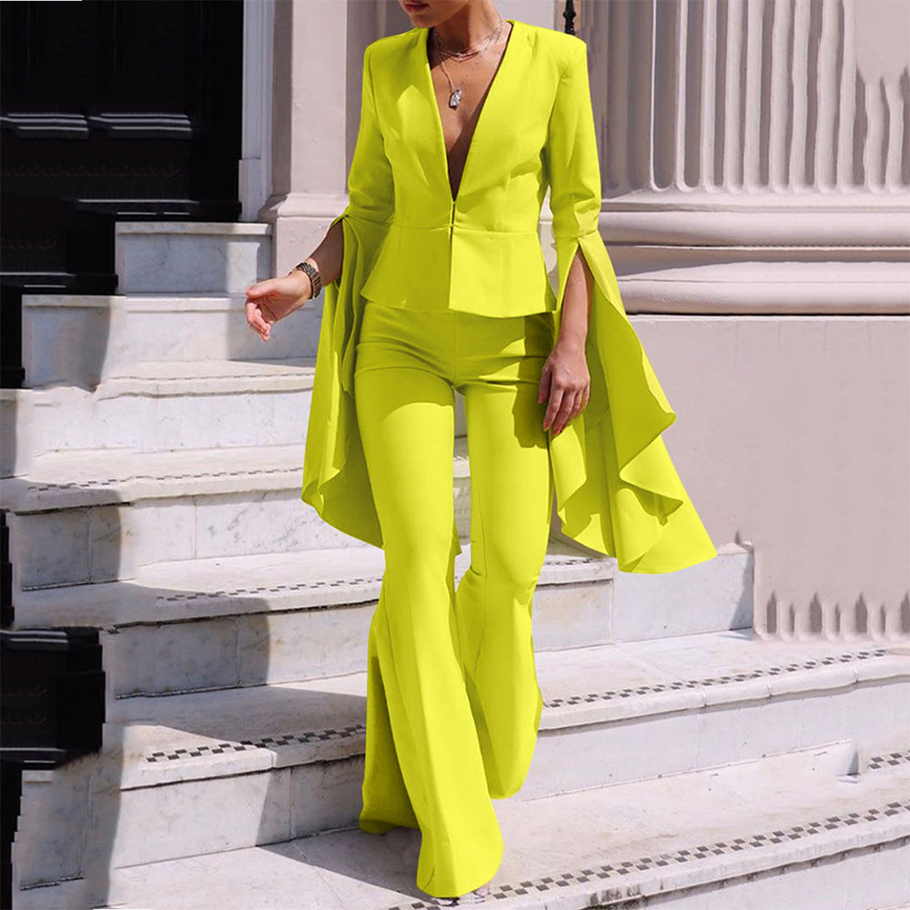 New Muse Fan Temperament Fashion Blazer Top High Waist Swing Flared Pants Two-piece Women's