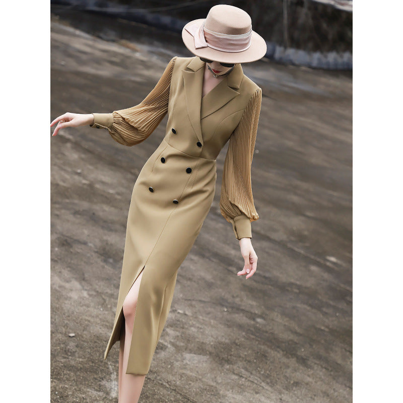 2025 spring new temperament commuter high-end long-sleeved suit skirt slim and thin split dress