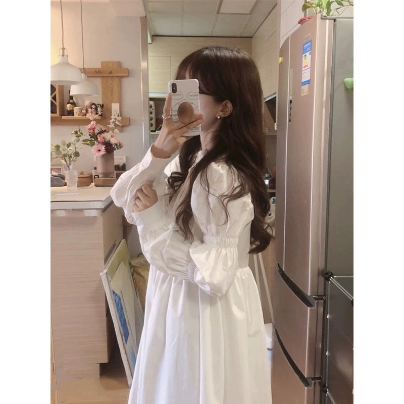2025 White dress women's small spring and summer  new  design temperament long sleeve lisianthus long skirt