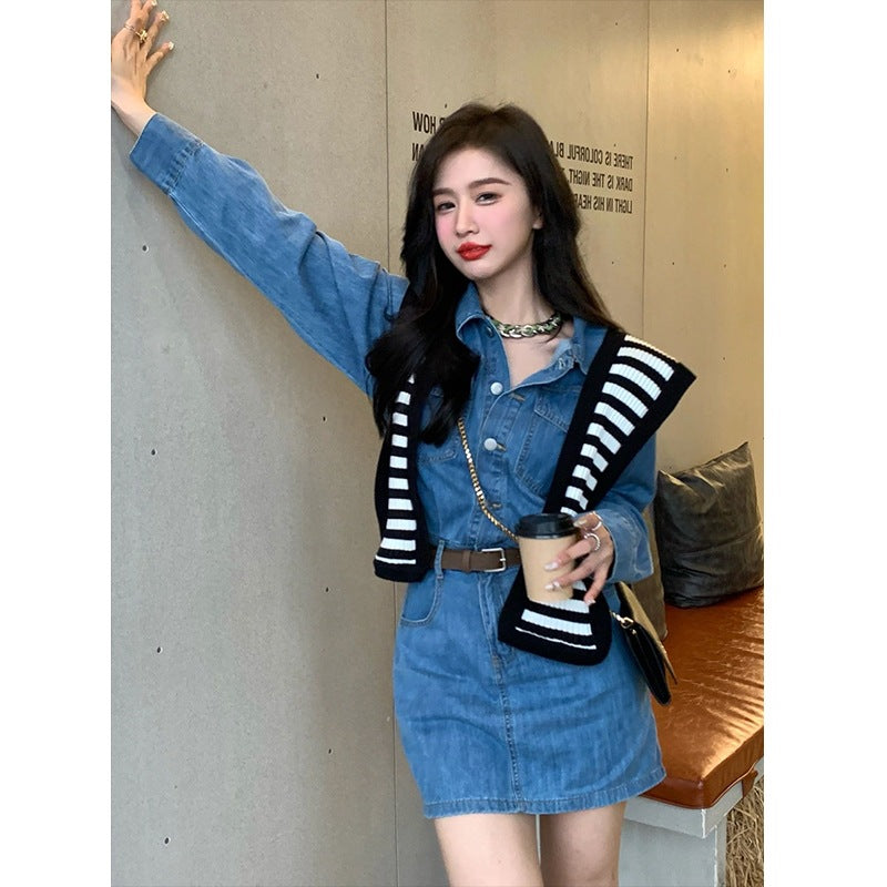 2025 small waist skirt spring and autumn women's clothing  new Hong Kong style chic Hong Kong style retro denim dress