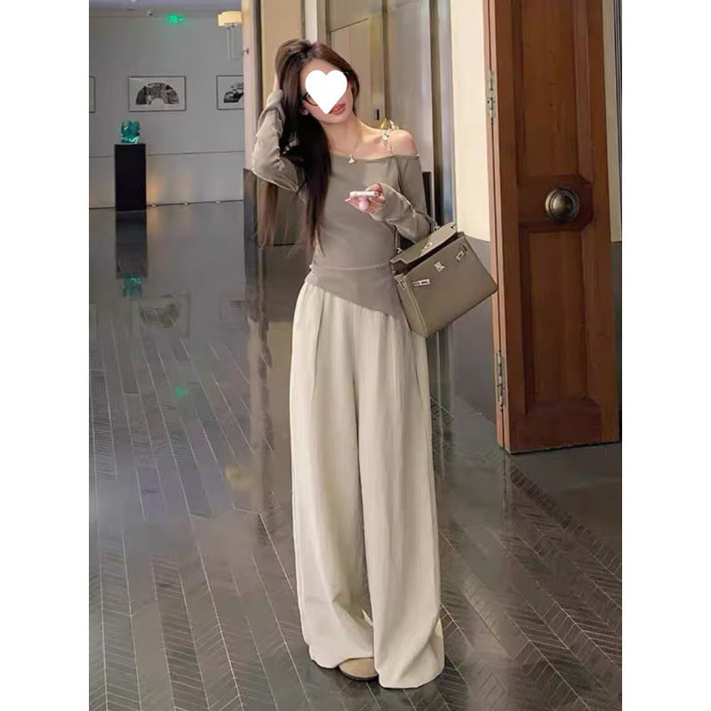 This year's popular beautiful suit 2025 off-shoulder irregular top wide-leg pants pure salt light and cooked two-piece set