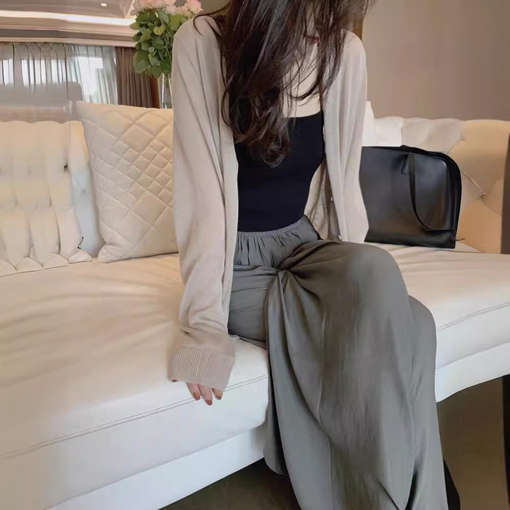 Ice silk knitted cardigan women's 2025 summer with suspender skirt shirt long-sleeved thin shawl air-conditioned shirt jacket