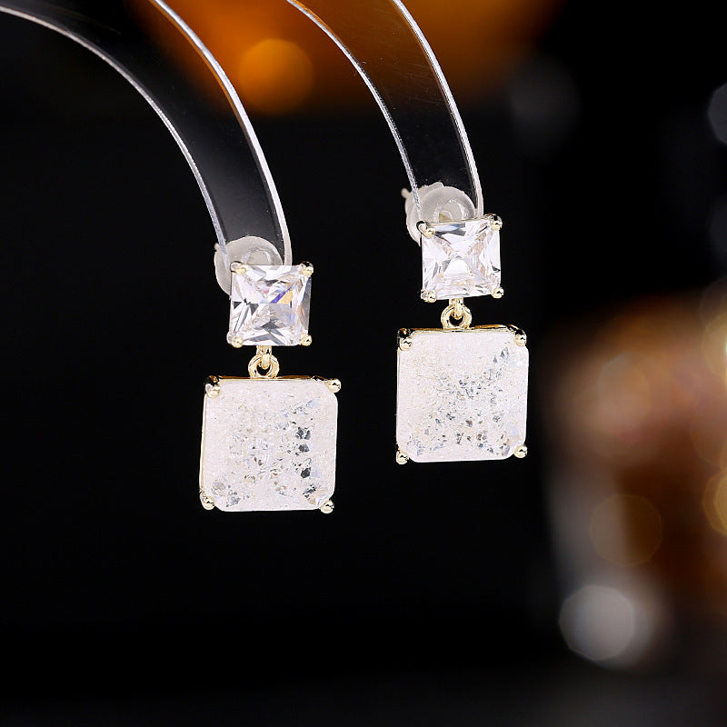 2025 Simple geometric small square stud earrings ice crack zircon earrings s925 silver needle niche design versatile temperament earrings