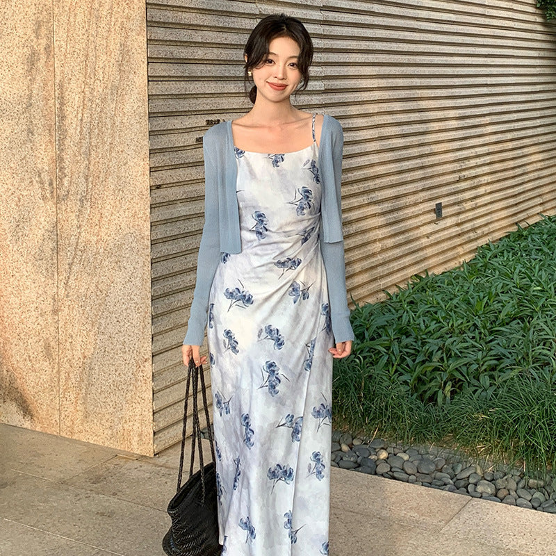 2025 spring and summer new Korean version high waist suspender dress printed pure desire vacation skirt women 88187