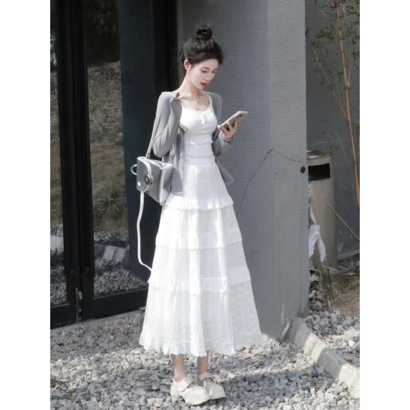 Pure first love suit knitted cardigan jacket suspender vest women's early spring cake skirt skirt three-piece set