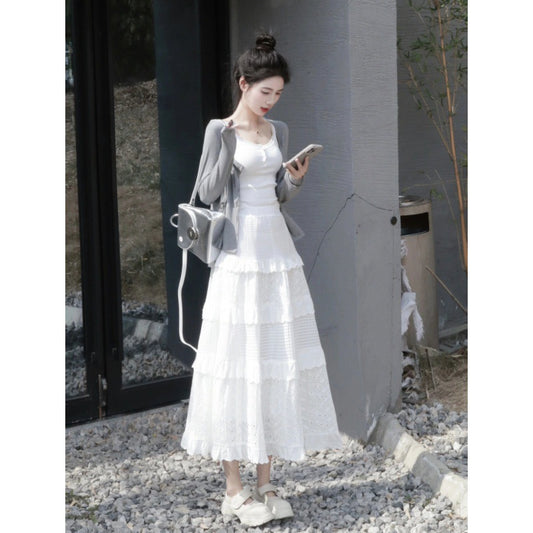 Pure first love suit knitted cardigan jacket suspender vest women's early spring cake skirt skirt three-piece set