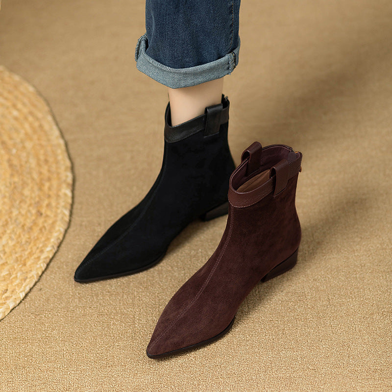 2025 Soft Vintage Western Cowboy Boots Women's Coarse Heel Short Boots Winter Frosted Pointed Chelsea Boots