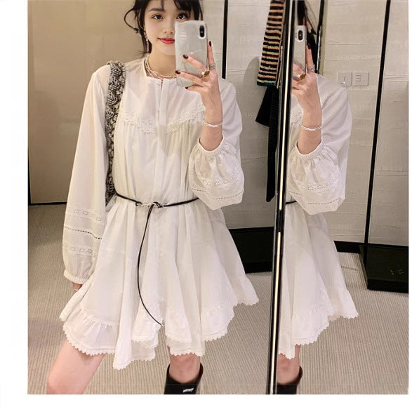 2025 Spring Clothing New Lyocell Tencel Cotton Lace Splicing Dress Women's Crew Neck Small White Dress Women's Clothing