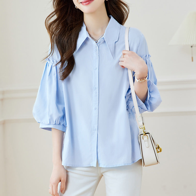 Cotton cocoon, blue shirt women's seven-quarter sleeves  spring and summer new lantern sleeves design top casual shirt