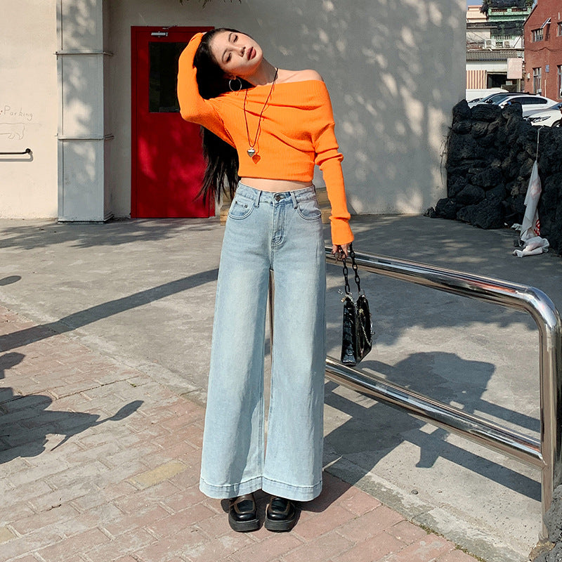 2025 Light blue cotton Lyocell Tencel jeans women's  spring and summer thin small high-waisted loose wide-leg pants