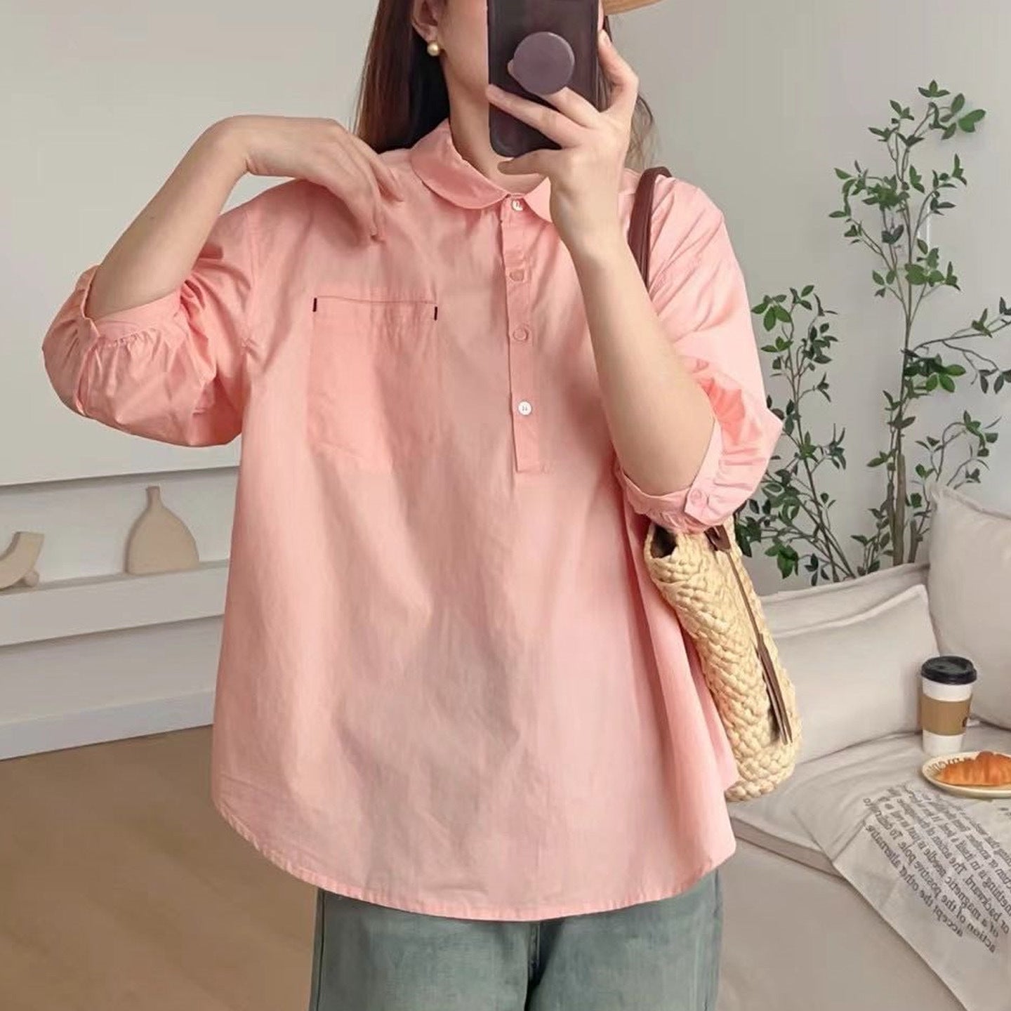 Cotton cocoon, Hong Kong style retro shirt women's  summer new solid color design sense niche temperament versatile basic model