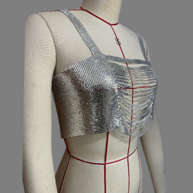 120108 2025 hot-selling vest sequined rhinestone inlaid diamond cloth metal chain hanging neck hollow ultra-short small vest