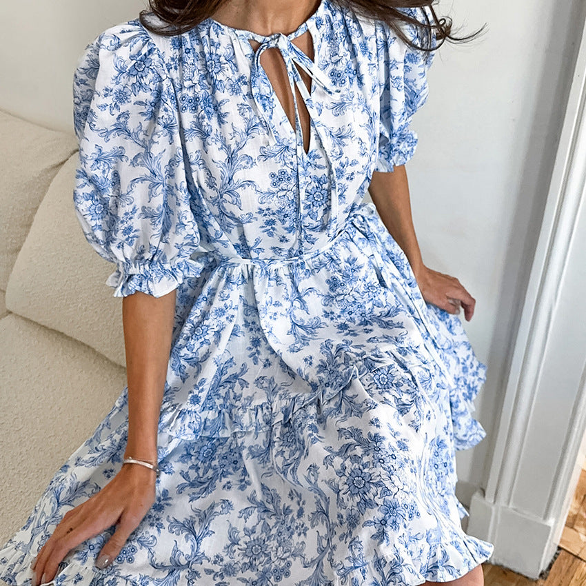 2025 popular  A pendulum bubble sleeve printed high waist lace-up dress  fashion new New wholesale women's clothing