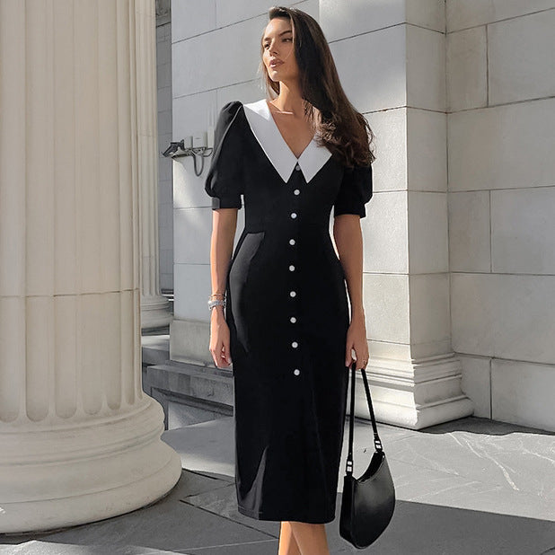 2025 V-neck contrasting color bubble sleeves temperament elegant dress popular  summer fashion new women's long dress