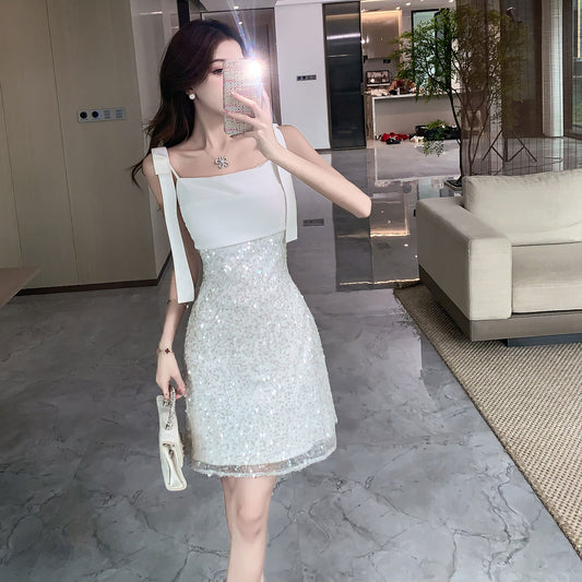 Sequined splicing banquet dress white 2025 spring and summer new  suspender dress socialite evening dress dress