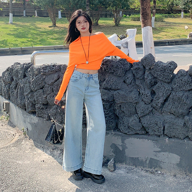 2025 Light blue cotton Lyocell Tencel jeans women's  spring and summer thin small high-waisted loose wide-leg pants