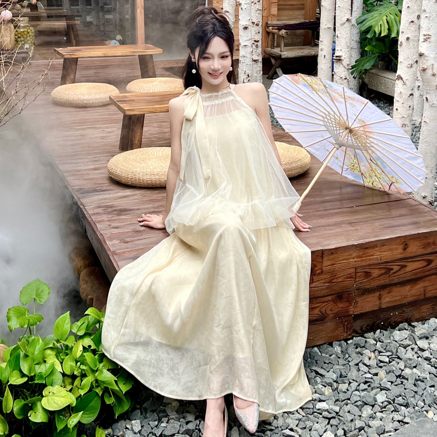 2025 Sanya travel wear beach skirt women's summer new Chinese holiday style fake two-piece printed loose neck dress