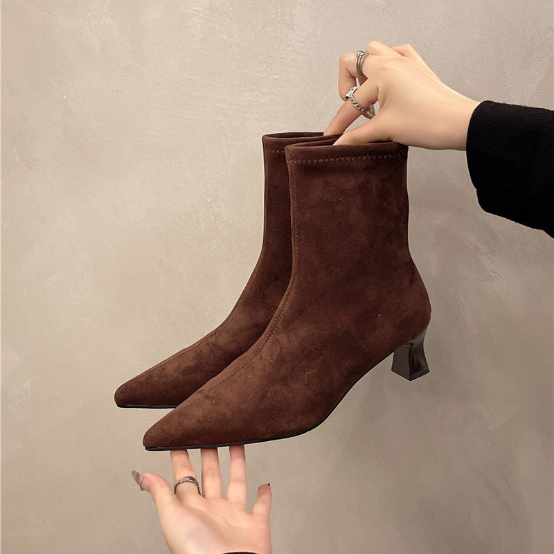 2025 niche temperament pointed suede short boots women's boots popular new thin heel high heel and ankle boots thin boots
