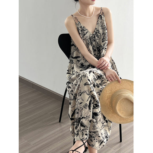 2025 new  suspender ink painting floral beach dress women's summer outer wear texture high-end temperament