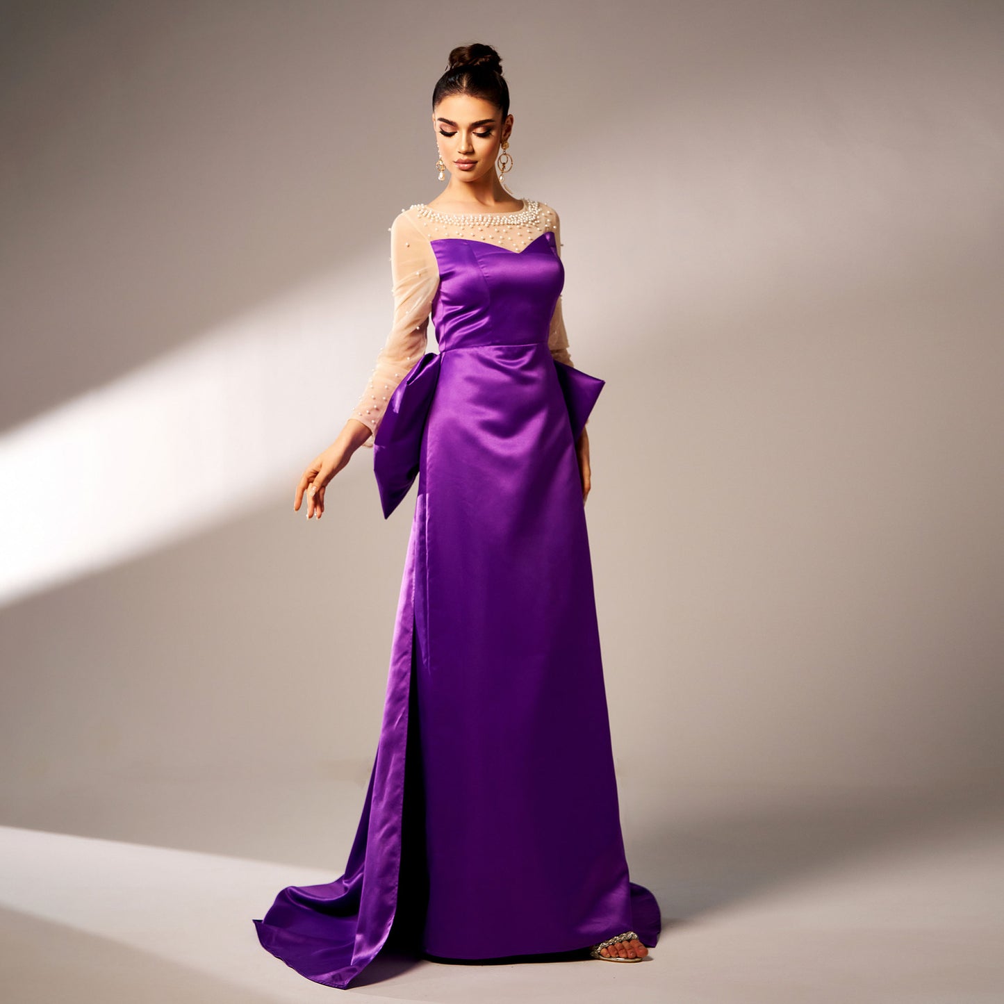 2025 new high-end long-sleeved round neck banquet beads big bow evening dress bridesmaid dress women