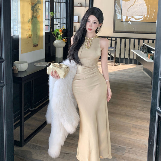 Sequined Beaded Celebrity Women's Clothing 2025 New Chinese U-Neck Sleeveless Party Dress Banquet Long Dress Bag Arm
