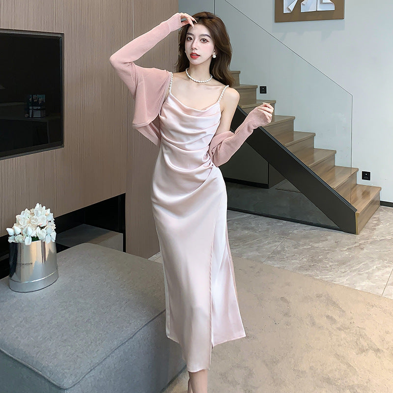 2025 summer bead design  swing neck acetic acid satin slim split suspender dress