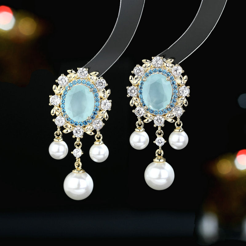 2025 court style elegant temperament s925 silver needle high-end earrings oval zircon inlaid pearl fringed earrings
