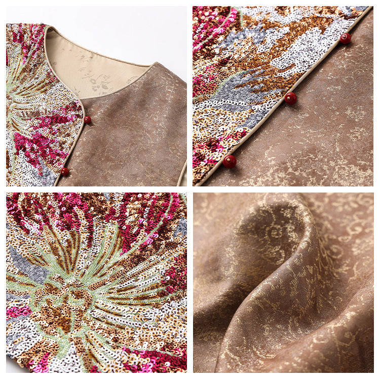 Guofeng retro 2025 new temperament vest women's light luxury beads embroidered jacquard embroidered silk vest N3105