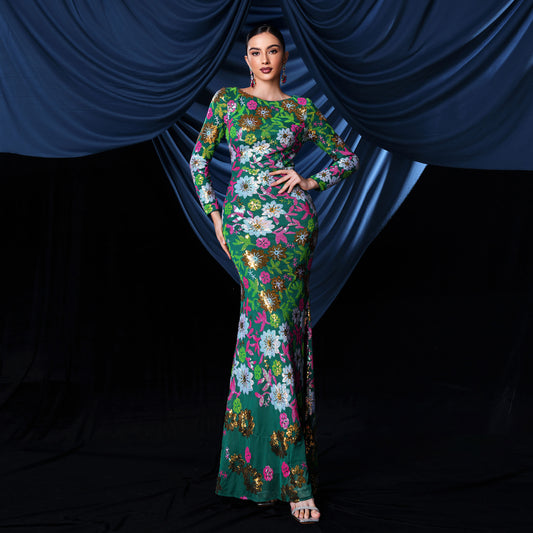 2025 long-sleeved temperament round neck sexy slim-fitting long sequined banquet evening dress bridesmaid dress women