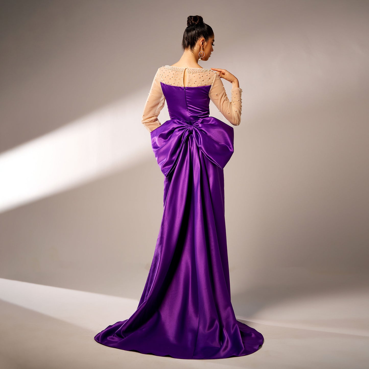 2025 new high-end long-sleeved round neck banquet beads big bow evening dress bridesmaid dress women
