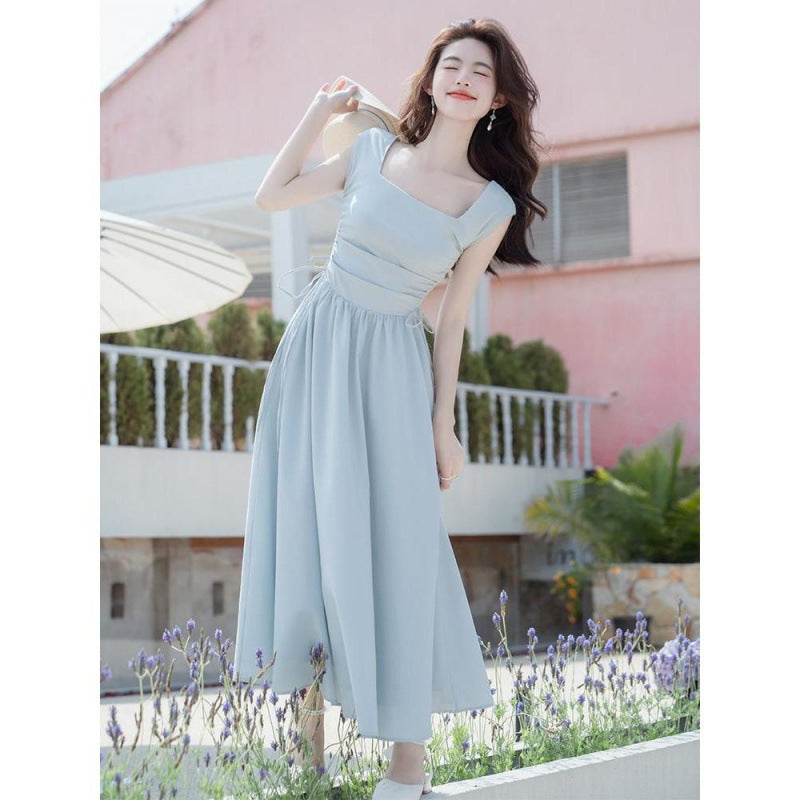 2025 Retro Minimalist Women's Square Neck  Dress Long High Waist Skinny Skirt Women's Summer Long Dress Summer 2025