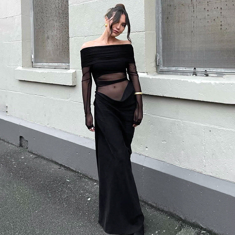 BENPAOLV  2025 popular autumn and winter  style New women's fashion one-word shoulder long-sleeved waist mesh stitching hip-wrapped dress