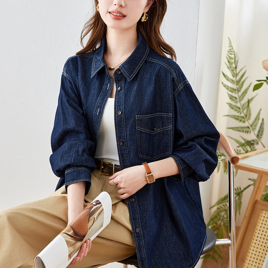 Cotton cocoon, denim shirt jacket women's long sleeves  spring clothes new retro literary top blue women's shirt