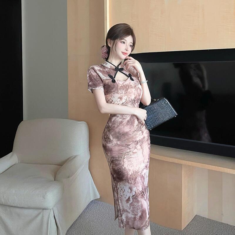 Bronzing bead disc buckle hollowed out improved cheongsam dress women's 2025 summer dress new temperament girl hip skirt split fork