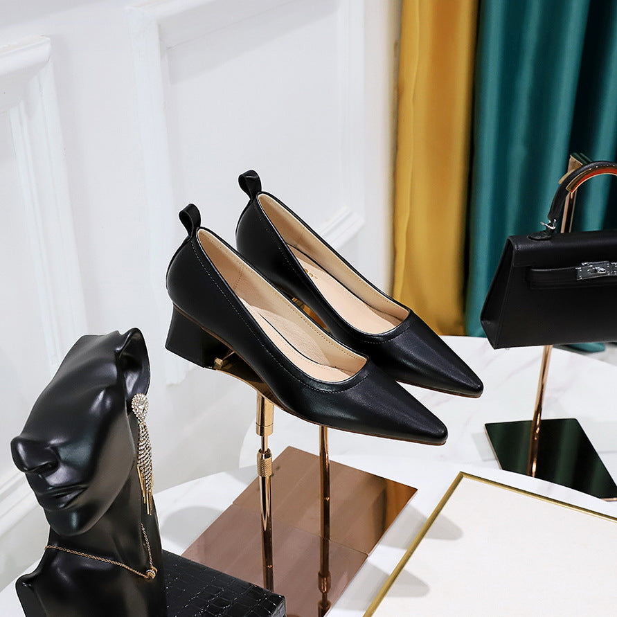 2025 1235-2 Korean version of fashion simple thick heel versatile middle heel shoes shallow mouth pointed professional OL office workers women's shoes single shoes