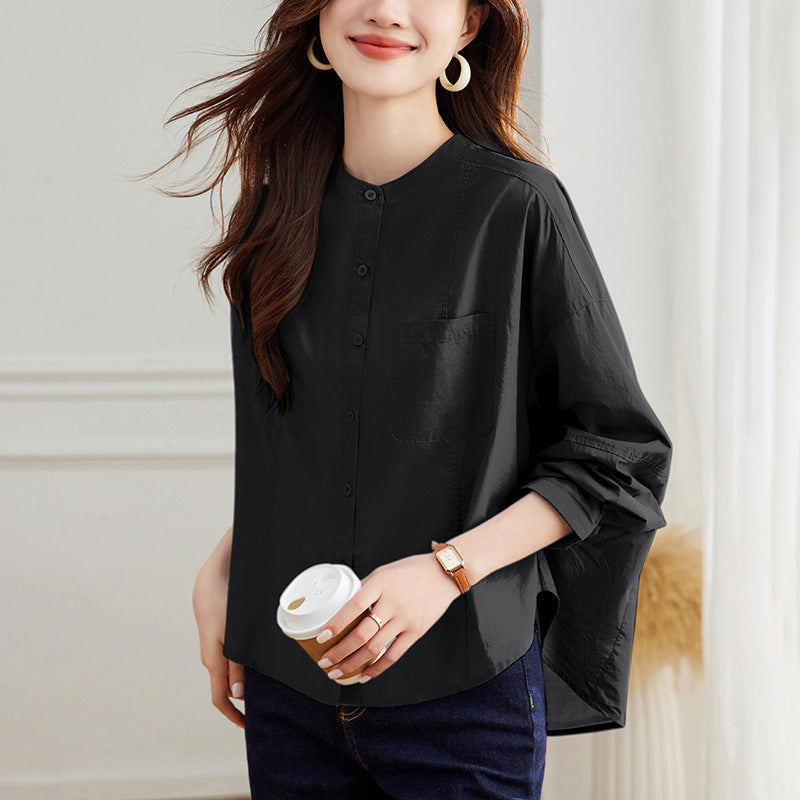 direct sales blue round neck long-sleeved shirt women's  spring clothing new temperament commuter design loose top