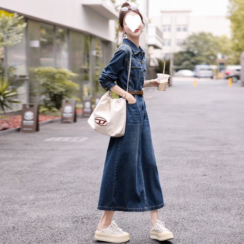 2025 spring new waist thin split denim dress women's spring and autumn long dress Popularan denim skirt children