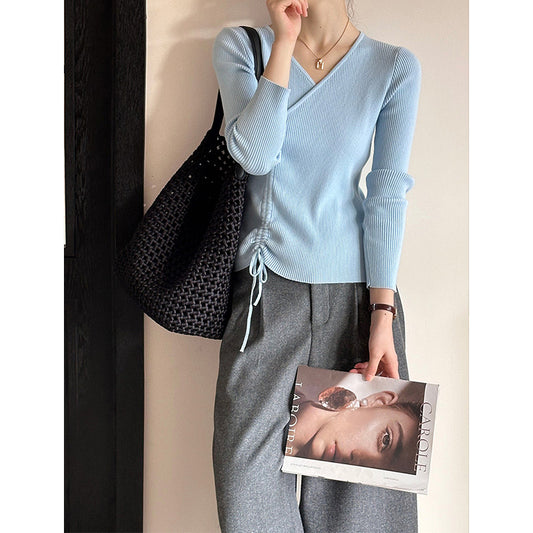 2025 popular autumn and winter new Korean version V-neck drawstring irregular hem slim-fitting long-sleeved knitted sweater 913