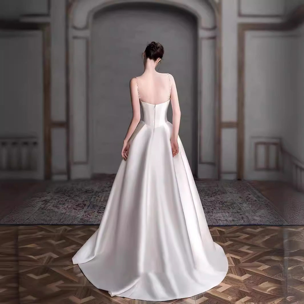 2025 suspender light wedding dress  new high-end light luxury bridal temperament going out yarn satin banquet dress skirt women