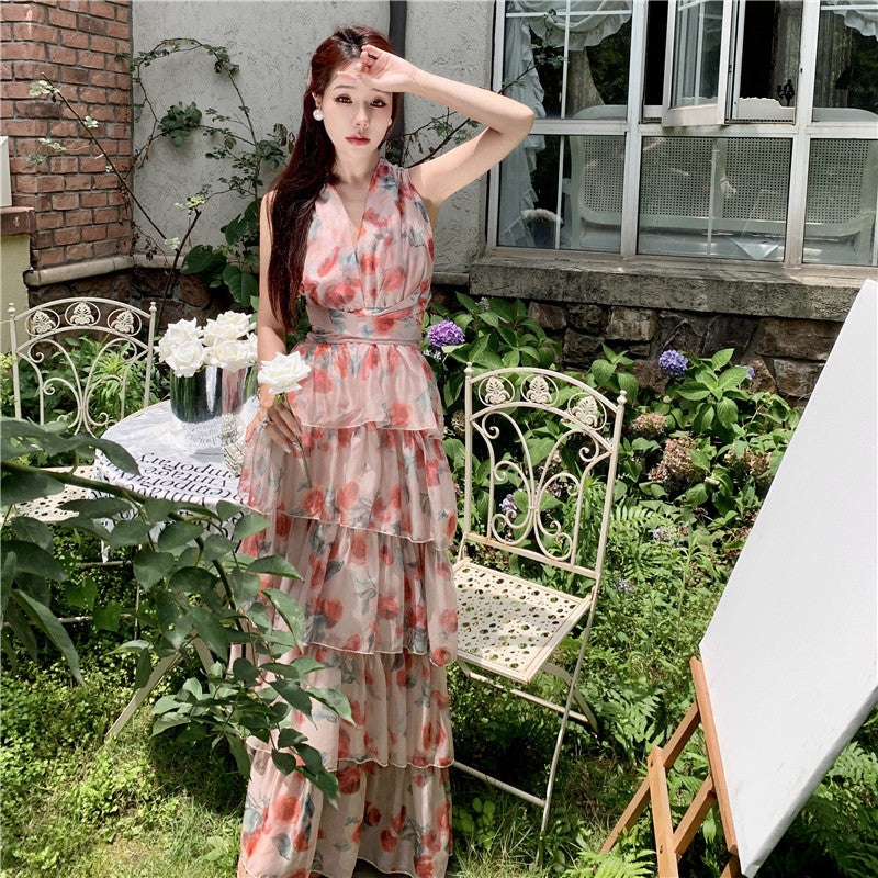 2025 法式露背度假裙油画般高级感超仙连衣裙女沙滩裙印花长款蛋糕裙夏