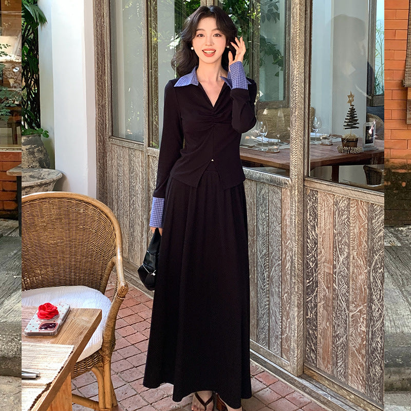 2025 spring college style lapel shirt + high waist A-shaped skirt two-piece suit female 89258