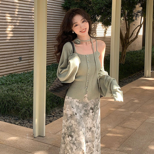 2025 spring new wool knitted small suspender vest sunscreen blouse two-piece set women 25190