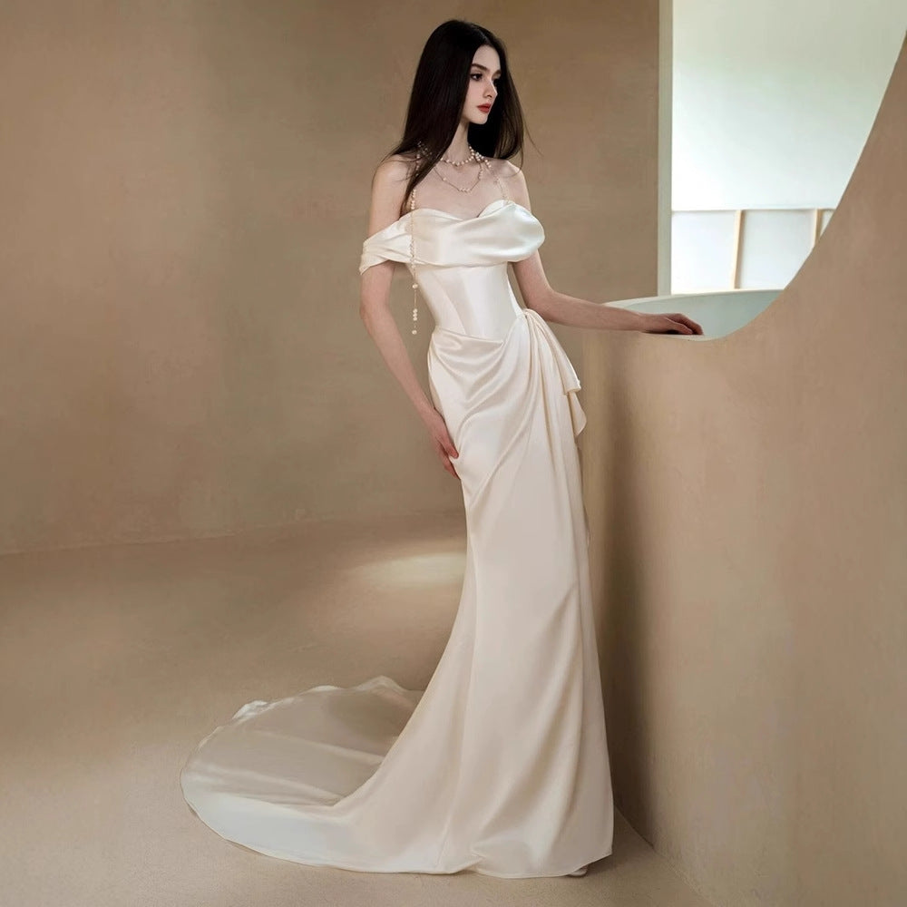 2025 New  light wedding dress bride simple one-word shoulder white high-end slim fish tail satin dress skirt small trailing
