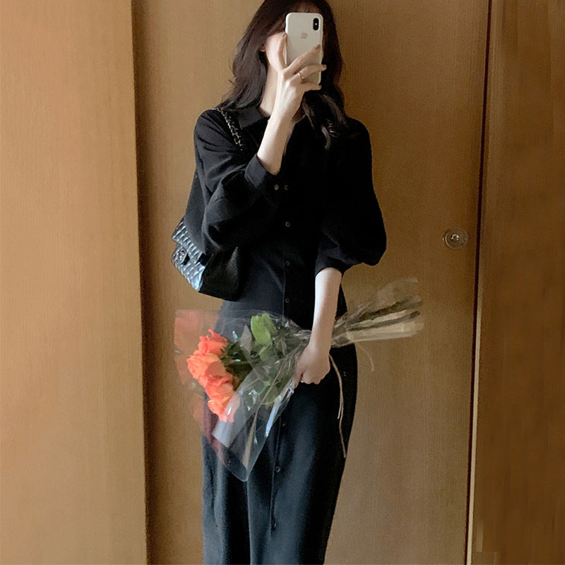 2025 Shirt dress women's spring and summer new  retro temperament waist and thin knee long black skirt