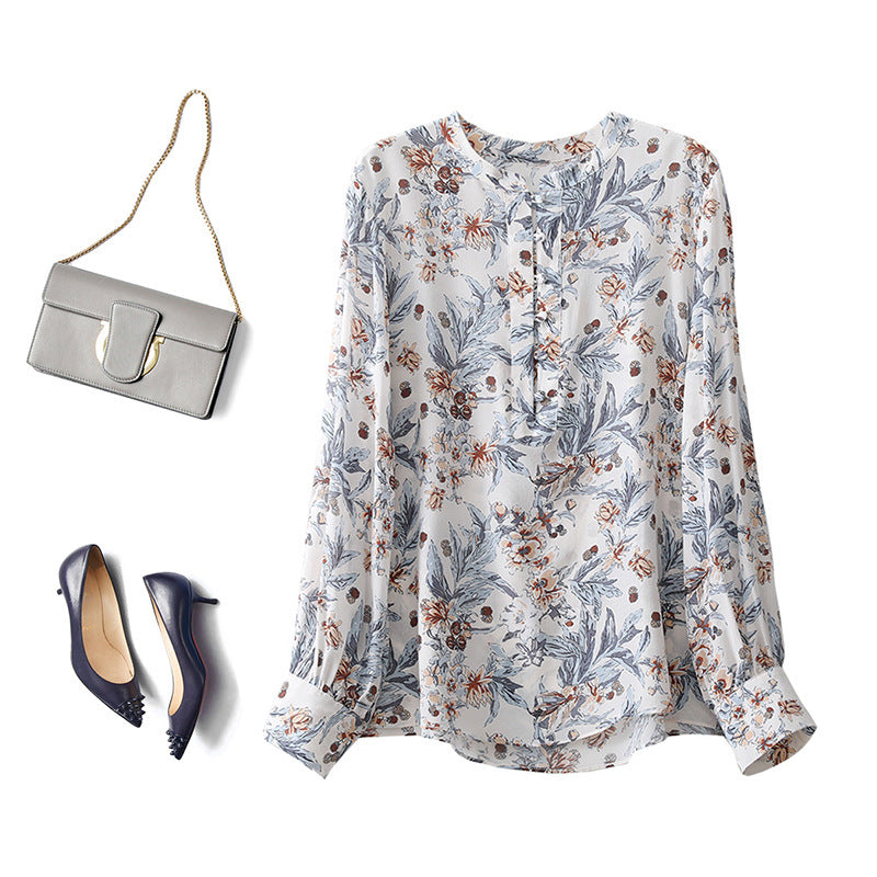 2025 Heavy double crepe mulberry silk printed shirt, floral print stand-up collar long-sleeved single-breasted silk cardigan top women