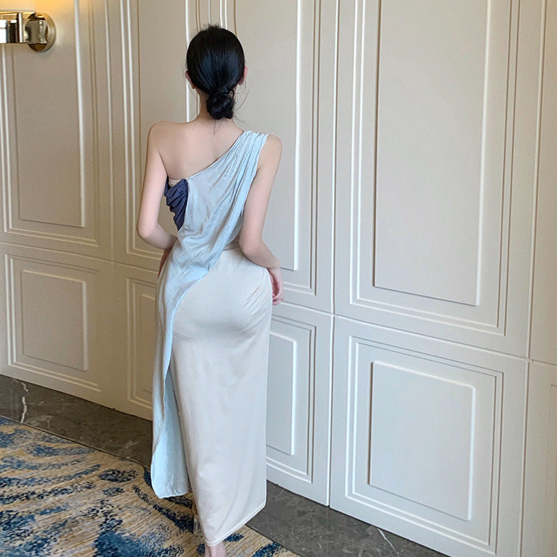2025 Exotic retro streamer shoulder dress women's design pleated chic long dress seaside vacation beach dress