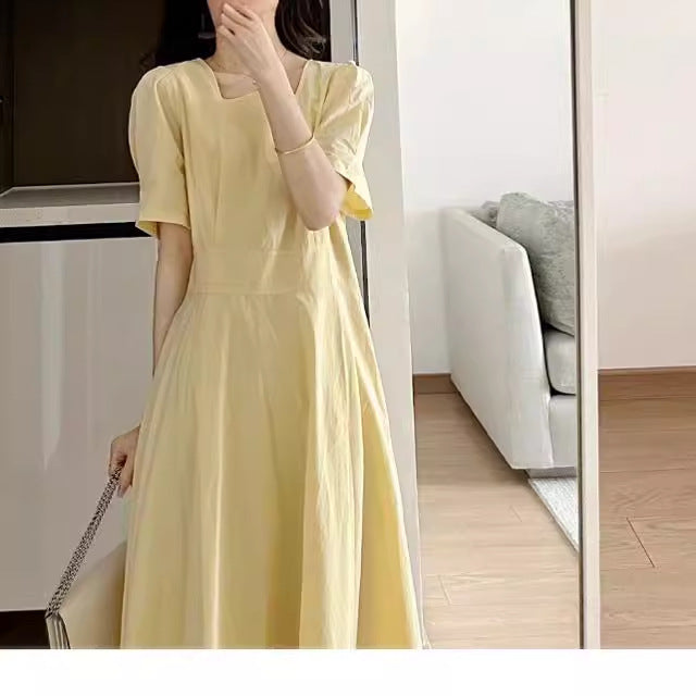 2025 Goose yellow square collar dress women's  summer new Korean version waist and thin temperament commuting elegant  dress
